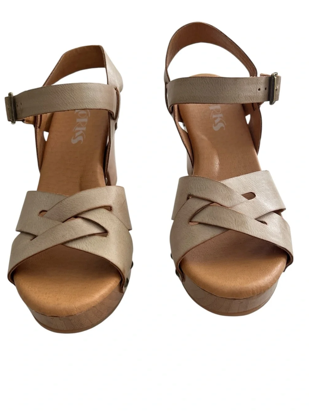 Korks Taupe Woven Wooden Clog Platform Sandals - Ankle Strap Wedge - Size 6M
